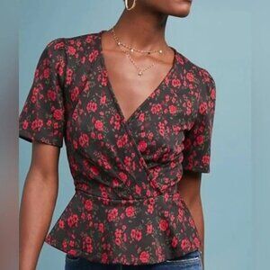 ANTHROPOLOGIE Meadow Rue Black and Red Floral Peplum Top